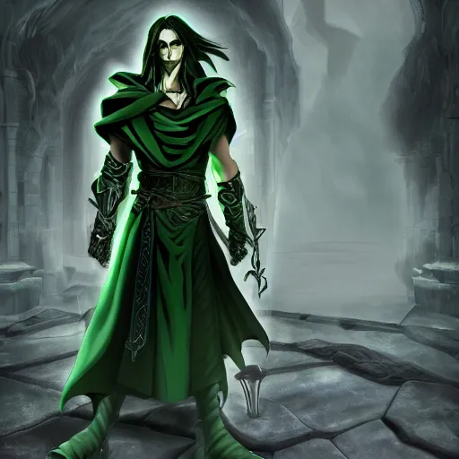 Prompt: Warlock, wearing dark green robes, controlling shadows, digital painting, D&D, highly detailed, 4k, sharp, smooth, castlevania anime