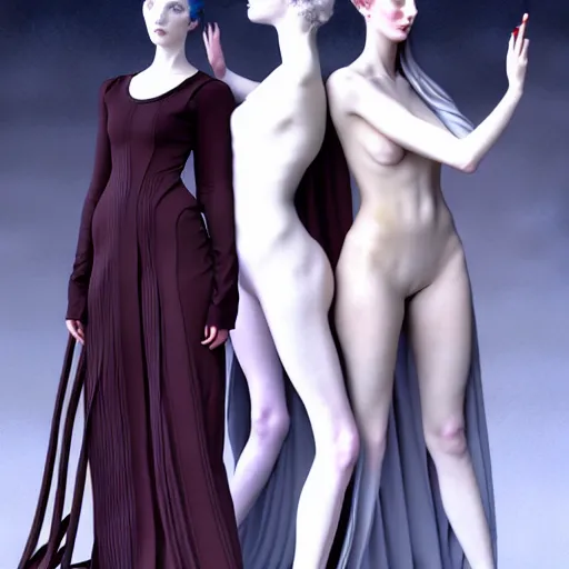 Image similar to 3 Figures as Winter Spirits, style is a blend of Æon Flux, Botticelli, and John Singer Sargent, inspired by pre-raphaelite paintings, shoujo manga, and Japanese city street fashion, dark and moody colors, hyper detailed, super fine inking lines, 4K extremely photorealistic, unreal engine 5, Arnold render