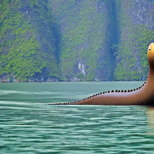 Image similar to 8k photograph of the Loch Ness monster in halong bay, Vietnam. National Geographic.