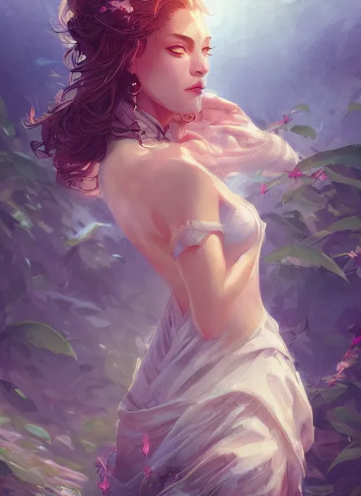 Prompt: female seductive queen of nature girl, beautiful face, rule of thirds, intricate outfit, backlit, foreground art by artgerm, background art by greg rutkowsk and jeremy mann, digital painting