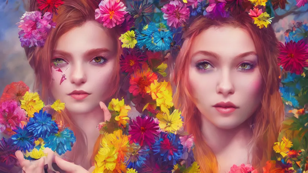 Image similar to stunning colorful mixed media art, female character, flowers, art by cgsociety, 8 k, high resolution