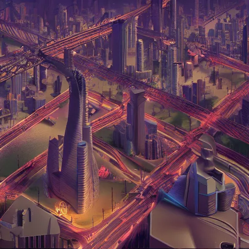 Prompt: A cityscape with a river running through it, Blender 3D, Pixar, Dreamworks, by Beeple