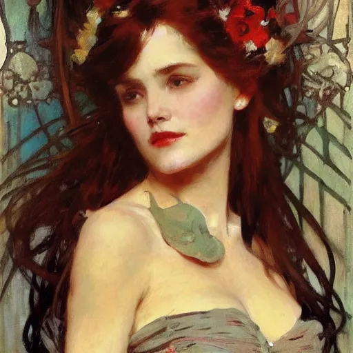 Image similar to photo of a beautiful woman by gil elvgen, greg manchess, mucha, sorrolla, john singer sargent, william waterhouse