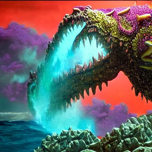 Prompt: a photo of a massive sea monster made of a colorful coral reef emerging from the ocean, epic vfx shot, waves, splashing water, cinematic lighting, godzilla, creature from the black lagoon