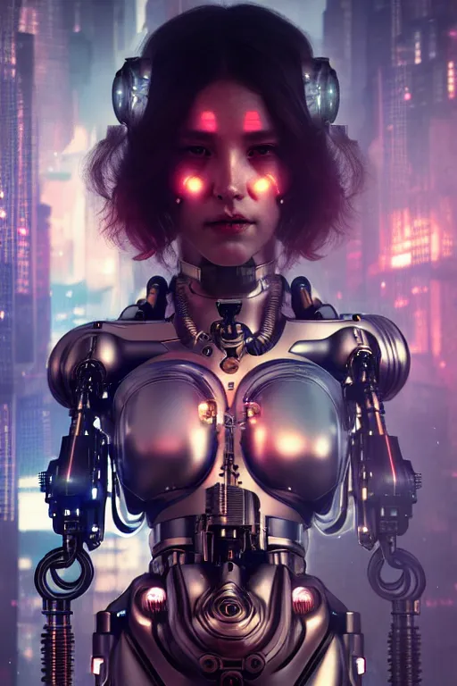 Image similar to ultra realistic, beautiful female cyborg in a crowded smoky cyberpunk club in space megalopolis, sci - fi, intricate details, eerie, highly detailed, octane render, 8 k, art by artgerm and alphonse mucha and greg rutkowski