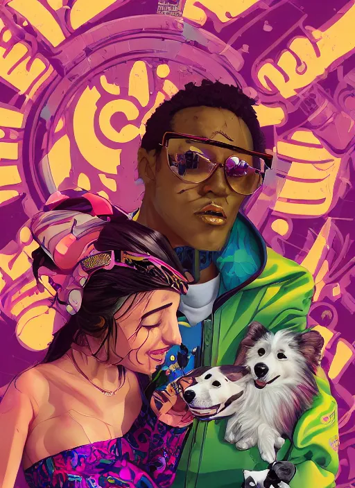 Prompt: beautiful portrait painting of an excited happy Hiphop lofi cyberpunk princess girl and her corgi royalty chilling, by Alessandro Barbucci, Alex Gross, WLOP, Josan Gonzalez, Kieron Gillen. trending on Artstation, 8k, masterpiece, face enhance, graffiti paint, fine detail, full of color, intricate detail, golden ratio illustration