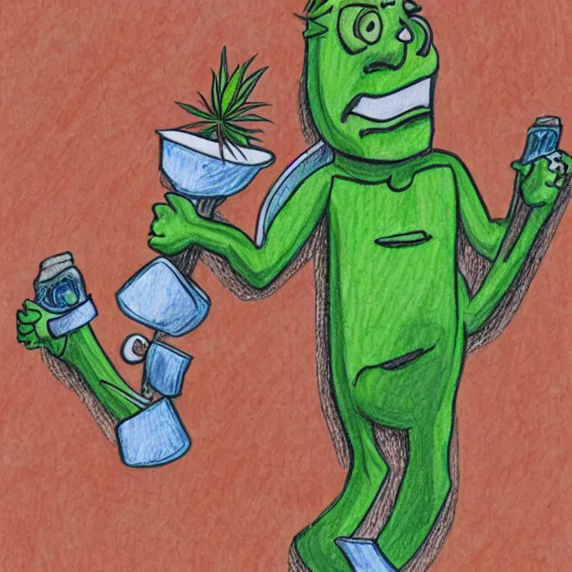 Image similar to smiling cannabis man with arms and legs cartoon, colored pencil illustration