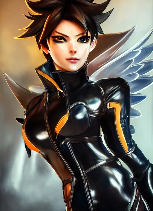 Image similar to full body artwork of tracer overwatch, wearing black latex outfit, in style of mark arian, angel wings, dramatic painting, wearing detailed leather collar, black shiny armor, chains, black harness, detailed face and eyes,