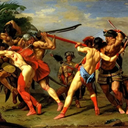 Image similar to muscular warrior women, amazonian warrior women, women fighting men, muscular men, roman warrior men, clashing in bloody field, art by jacques - louis david