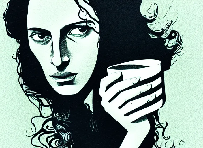 Image similar to portrait of a long haired heroine drinking coffee,vivid, Mads Berg, Karolis Strautniekas, dramatic lighting,film grain, editorial illustration, detailed, gradation, dynamic composition,moody, cinematic,extreme perspective,bright colors, art deco illustration, stippled shading, risograph