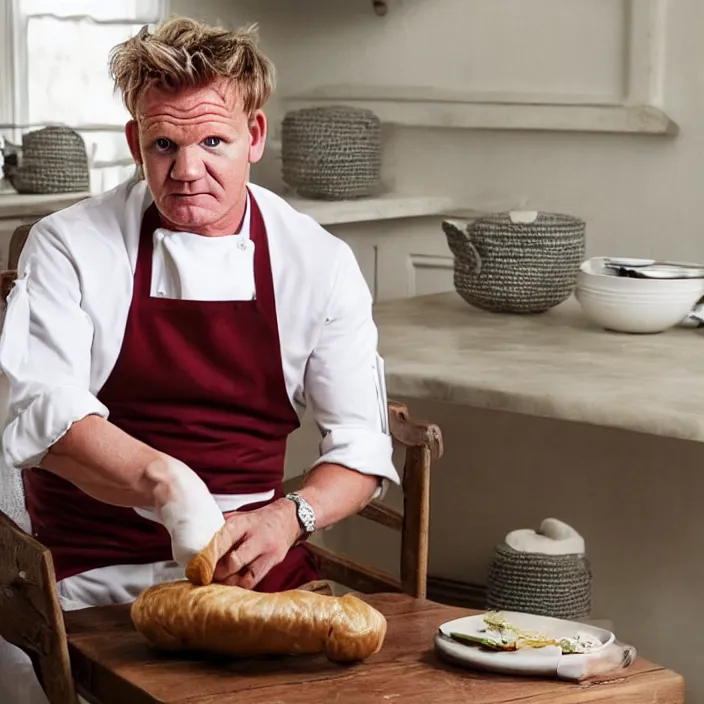 Image similar to digital photography of gordon ramsay, sitting on a rocking chair, knitting a beef wellington. high quality, medium far shot