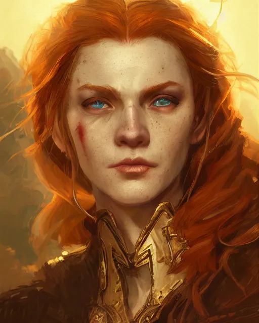 Image similar to the elder scrolls vi, charismatic rugged female redhead breton mage portrait, illustration, rim light, top light, perfectly shaded, golden hour, epic, intricate, soft painting, art by ross tran, krenz cushart and wenjun lin