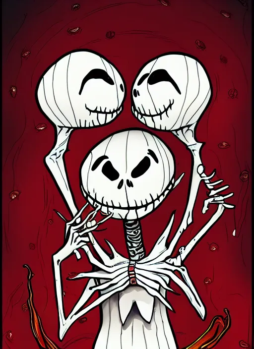 Prompt: jack skellington as a cosmic horror garfield with razor sharp teeth, red eyes, red teeth, digital art, lineart