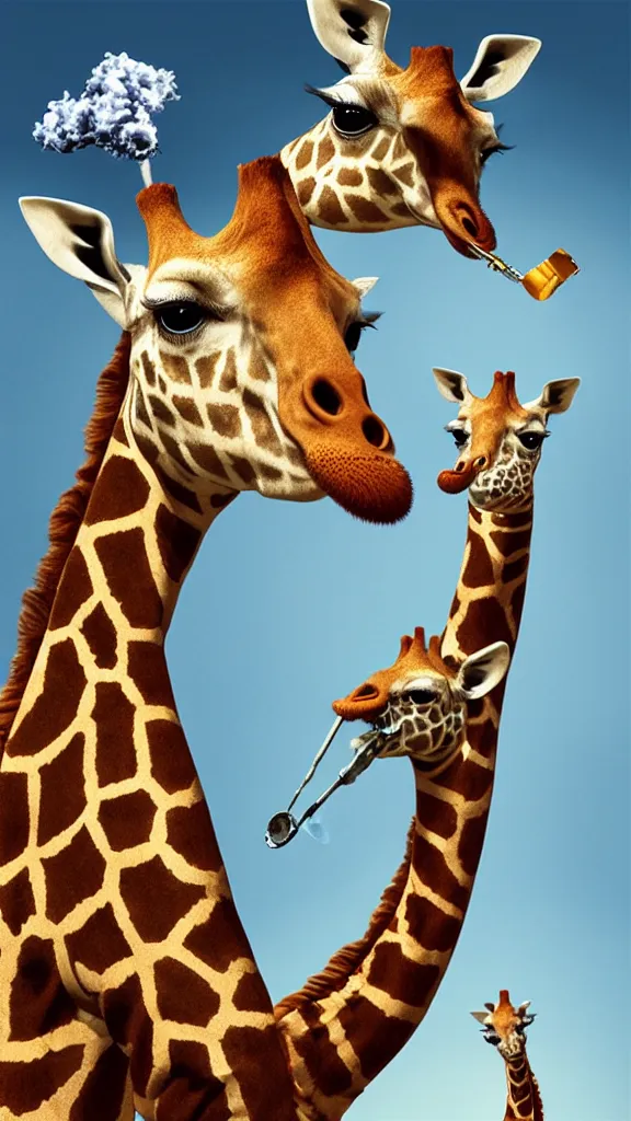 Prompt: giraffe smoking a pipe, surrealist painting by igor morski, gediminas pranckevicius, beeple, ornament, porcelain, super - resolution, soft lighting, ray tracing global illumination, in a symbolic and meaningful style