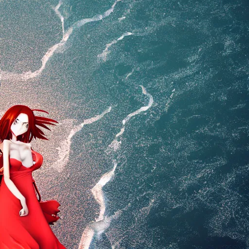 Prompt: octane render panoramic shot of a beautiful anime girl in a long white dress on a beach. Red hair, dramatic lighting, trending on artstation,manga cover