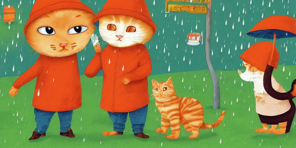 Image similar to a beard man and an orange tabby kitten standing in the rain by richard scarry