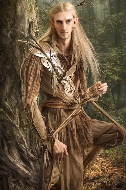 Image similar to A tall slim male wood elf druid posing with a bow in a mystical forest, portrait, long blonde hair, fungi, glowing, wooden armor, magical, fantasy, medieval, highly detailed, dynamic lighting, cinematic, dramatic, sharp focus, focus on face, masterpiece, trending on artstation, concept art, digital painting, still, photo, photograph, in the style of Heilung