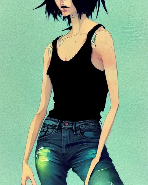 Image similar to a ultradetailed beautiful painting of a stylish woman with short hair, she is wearing a black tank top and jeans, by conrad roset, greg rutkowski and makoto shinkai trending on artstation