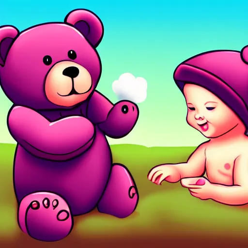 Image similar to bear playing with a baby human doll. cartoon. digital art. high quality. high fidelity