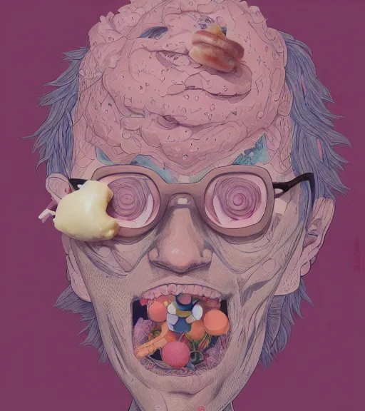 Prompt: portrait, nightmare anomalies, leaves with a doughnut by miyazaki, violet and pink and white palette, illustration, kenneth blom, mental alchemy, james jean, pablo amaringo, naudline pierre, contemporary art, hyper detailed