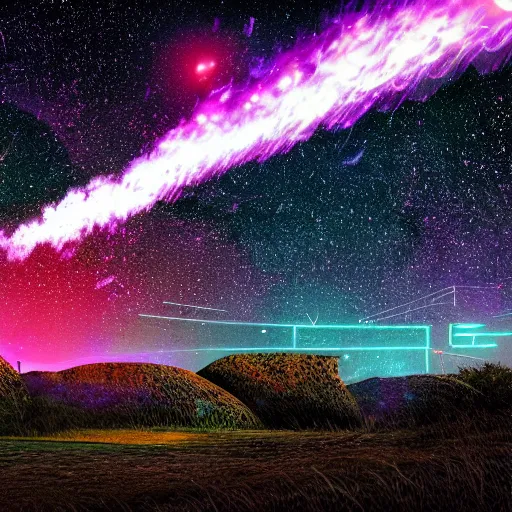 Prompt: A meteor shower illuminating a dark night sky, UFOs are flying around in the atmosphere, highly detailed, digital photo, HDRI, by christopher bretz and kael ngu, vivid colors, high contrast, 8k resolution, intricate, photorealistic, smooth, psychedelic color scheme,