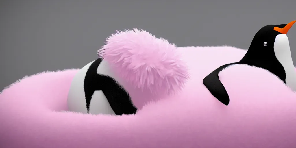 Image similar to realistic penguin in an pink fluffy bed, unreal 5