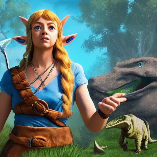 Prompt: a hyper real comic book style portait painting of zelda in the stone age with dinosaurs, unreal 5, hyperrealistic, octane render, cosplay, rpg portrait, dynamic lighting