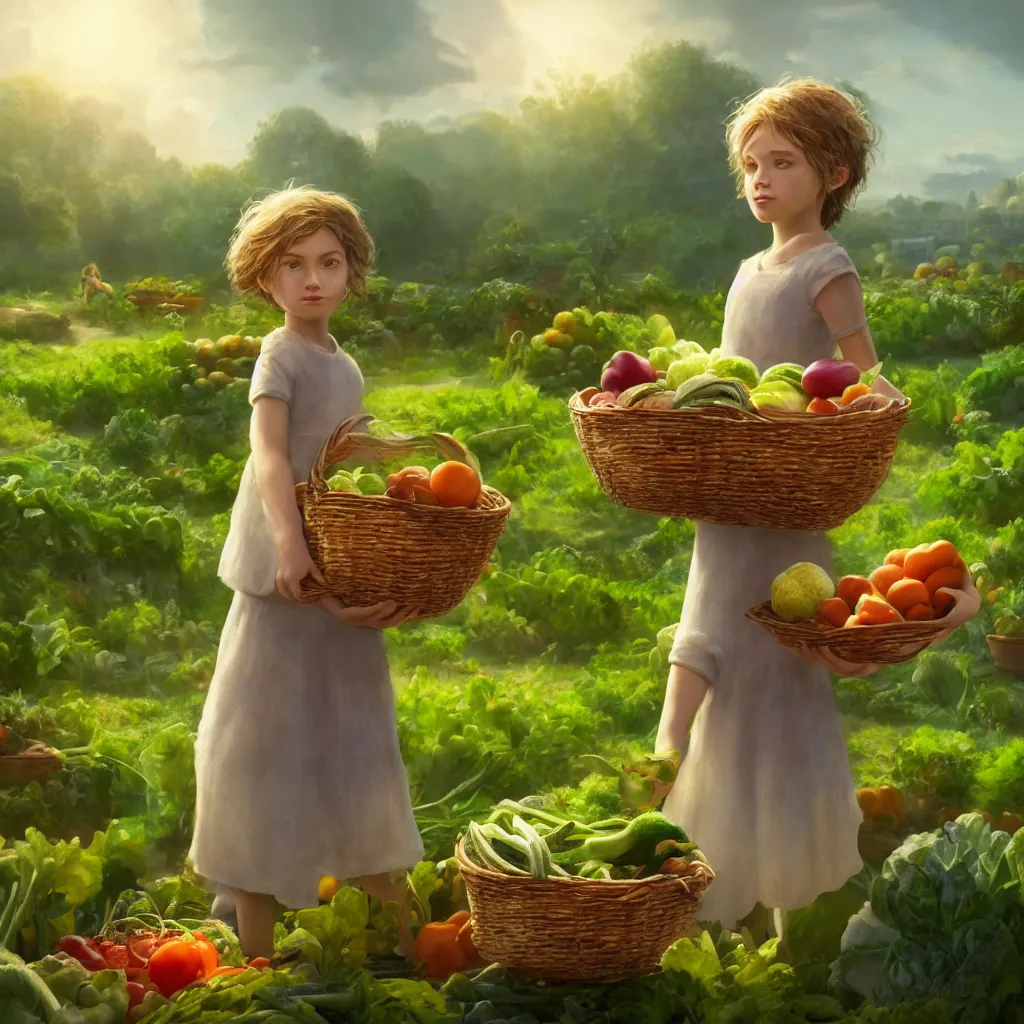 Image similar to portrait of single beautiful child holding a basket of vegetables, green farm lands behind, elegant, highly detailed, digital painting, concept art, smooth, sharp focus, illustration, divine realm of gods, realistic cinematic style, filmed in 70mm, volumetric lighting, octane render, photographic, concept art, artist Dr Zeus, unreal engine 8k