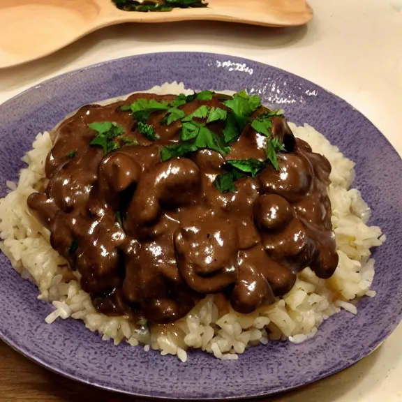 Prompt: brown mushroom sauce on rice, michelin star