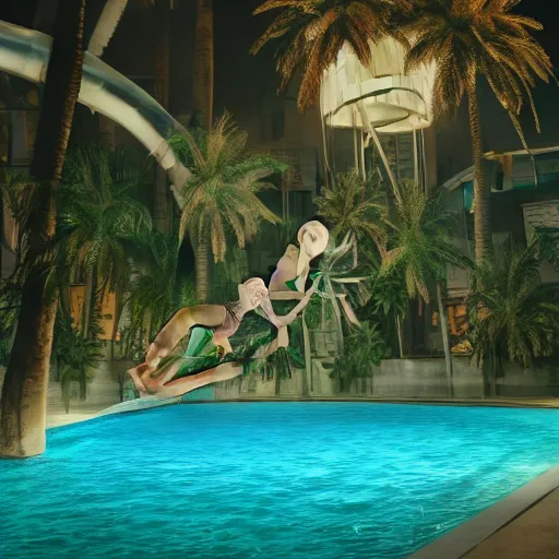 Image similar to a hyperrealistic 3 d render of a broken statue in a surreal underground swimming pool surrounded by palm trees water slides and neon lights, vaporwave, unreal engine, octane render, dramatic lighting, volumetric lighting, neon lighting, ultra detailed, photorealistic