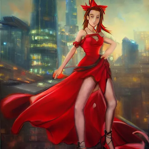 Image similar to oil painted portrait of aerith gainsborough from from final fantasy 7 in her signature red dress with the steam punk city midgard as backdrop, by master artist yoshitaka amano trending on artstation