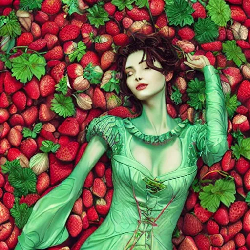 Image similar to the portrait of an absurdly beautiful, graceful, elegant, sophisticated, dignified woman made of strawberries and green petals looking up, an ultrafine hyperdetailed illustration by kim jung gi, irakli nadar, intricate linework, bright colors, octopath traveler, final fantasy, unreal engine 5 highly rendered, global illumination, radiant light, detailed and intricate environment