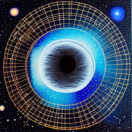 Image similar to a black hole at the center of a golden wireframe geometric structure, deep blue and dark cyan nebula background, highly detailed artwork, acrylic painting