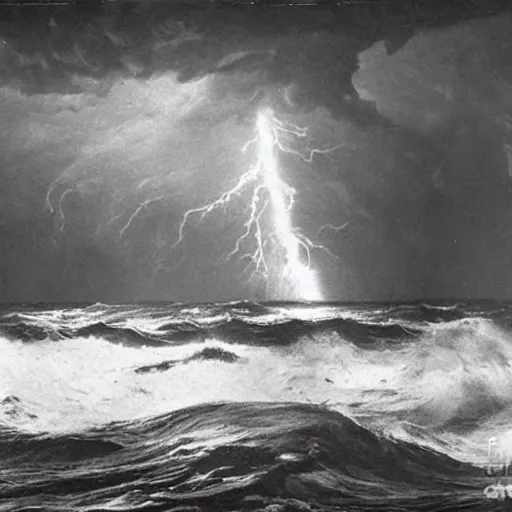 Image similar to giant anomalous creature in the middle of a violent stormy ocean, 1900s photograph