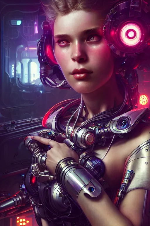 Image similar to ultra realistic, beautiful female cyborg in a crowded smoky cyberpunk club in space megalopolis, sci - fi, intricate details, eerie, highly detailed, octane render, 8 k, art by artgerm and alphonse mucha and greg rutkowski