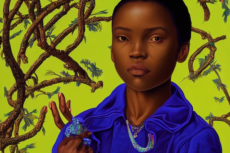 Image similar to a girl adventurer with iridescent skin by kehinde wiley