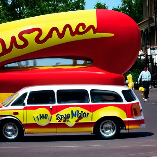 Prompt: very weird, very wrong concept of the Oscar Mayer Wienermobile on the street, photograph from a car show