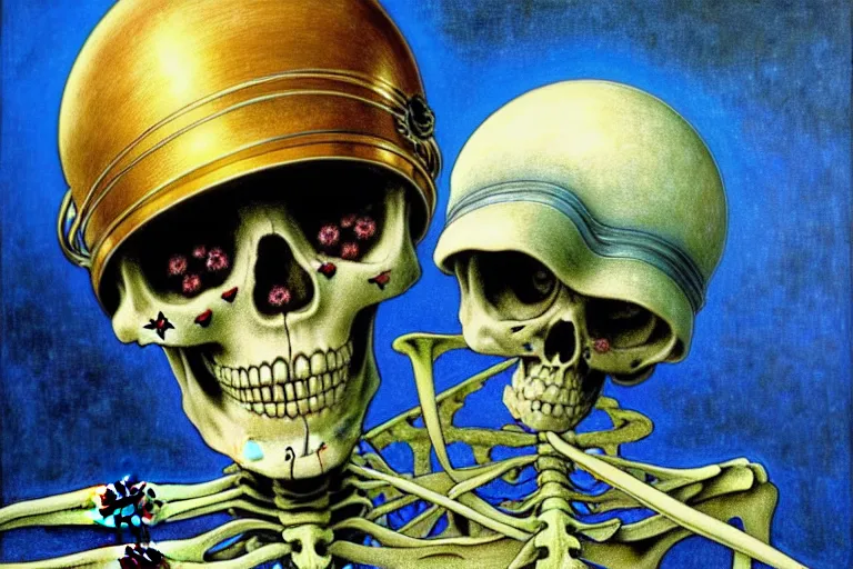 Image similar to realistic detailed portrait painting of a skeleton with a single rose wearing sci-fi helmet in a dystopian landscape by Jean Delville, Amano, Yves Tanguy, Alphonse Mucha, Ernst Haeckel, Edward Robert Hughes, Roger Dean, rich moody colours, blue eyes