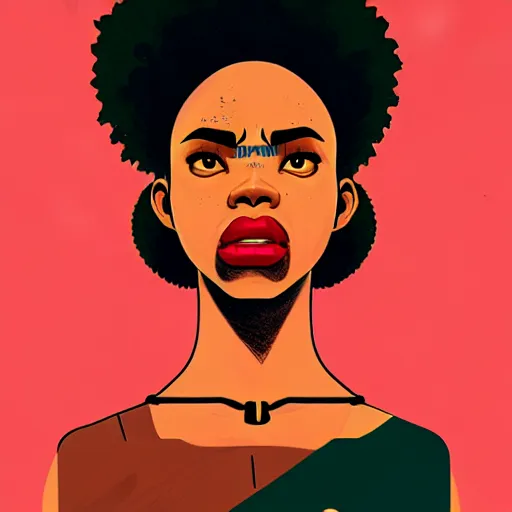 Prompt: sachin teng illustration of an angry afropunk female character, medium shot, asymmetrical, profile picture, trending on artstation