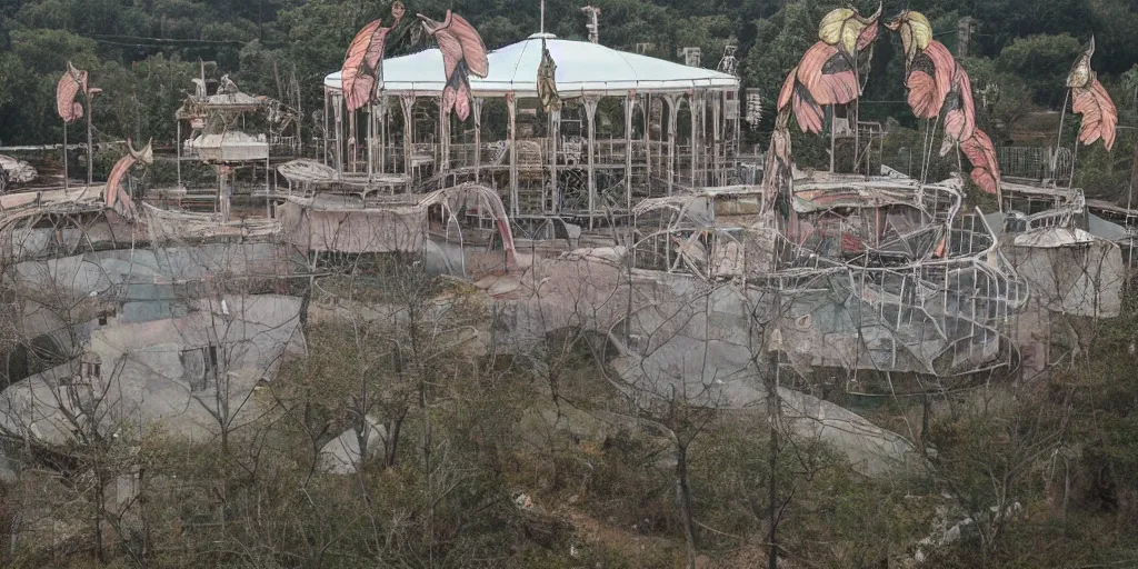 Prompt: elephant spirits flying above an abandoned amusement park tent