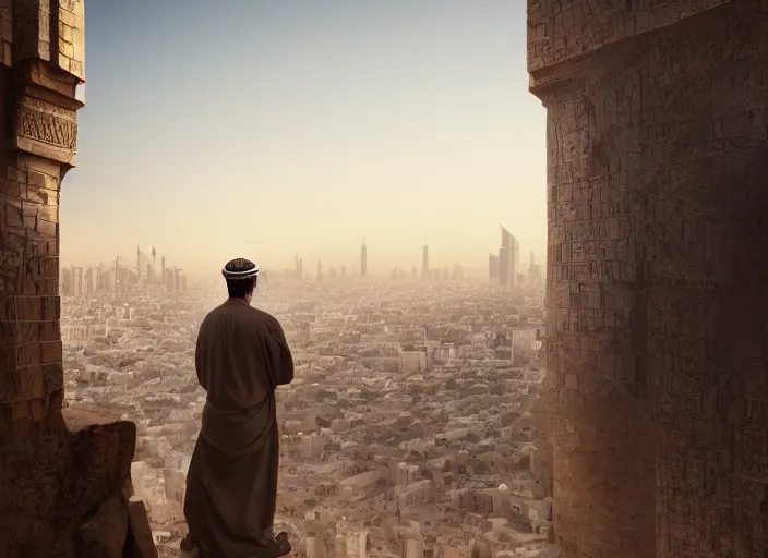 Prompt: arab man overlooking a ledge towards the city below in riyadh city | highly detailed | very intricate | cinematic lighting | by asher brown durand and eddie mendoza | featured on artstation