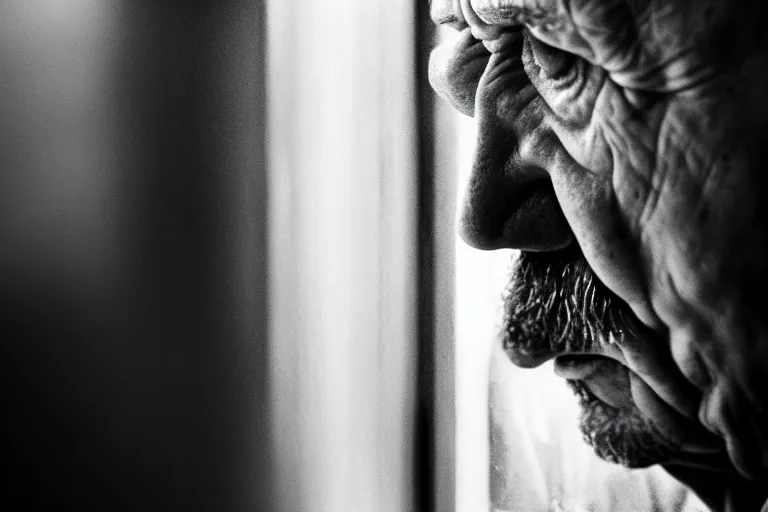 Image similar to a cinematic, close up portrait, of an old man, looking in the window, sad, dramatic, soft light, dreamy, facial features, stood in a cell, with prison clothing, detailed, deep focus, movie still, dramatic lighting, ray tracing, by hendrik kerstens and paolo roversi