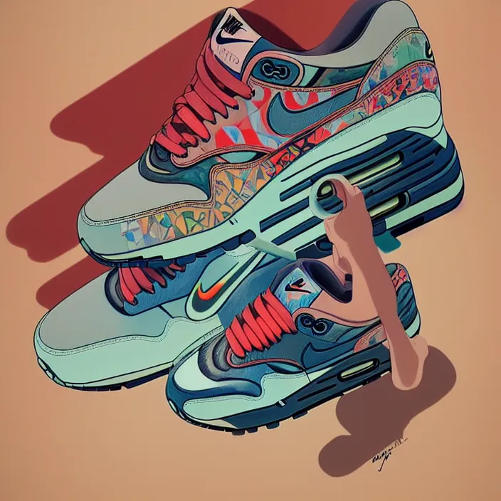 Prompt: excellent painted isometric view of 'nike air max 1', high quality masterpiece painted, patterned background, 4k, trending on artstation, octane render, art by James Jean and artgerm and greg rutkowski and alphonse mucha and craig mullins and James Jean and Andrei Riabovitchev and Marc Simonetti and peter mohrbacher