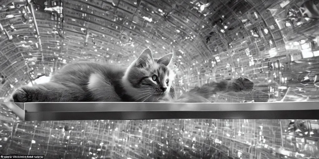 Prompt: an amazing award winning photo of a cat floating in the International Space Centre, hyperdetailed