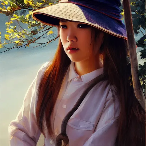 Image similar to oil painting by ilya kuvshinov,, baugh casey, artgerm craig mullins, leyendecker, of a youthful japanese girl, long hair, fishing and wearing fisherman's outfit, fisherman's hat, highly detailed, breathtaking face, studio photography, noon, intense bounced light, water reflection, large tree casting shadow, serine intense sunlight