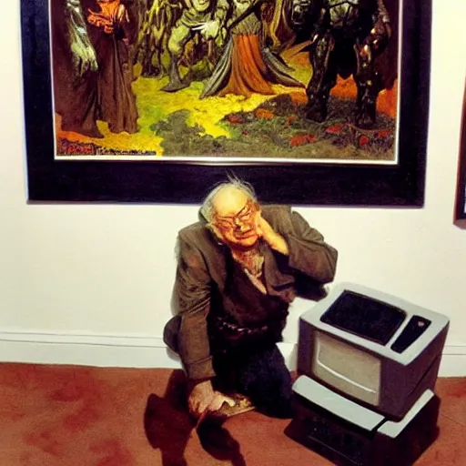 Image similar to wizard surrounded by crt televisions, oil on canvas, frank frazetta, john williams