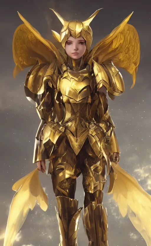 Image similar to Concept art, angel knight girl in golden and cooper armor, artstation trending, octane render, cinematic, highly detailded