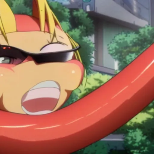 Prompt: still from anime film by makoto shintai of a hotdog with sunglasses