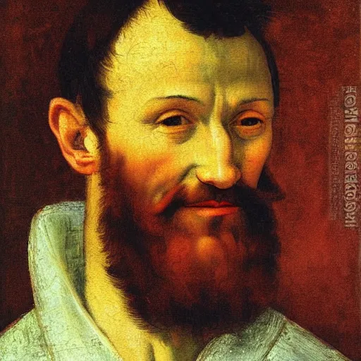 Prompt: portrait painting of happy Michelangelo di Lodovico in the style of impressionism