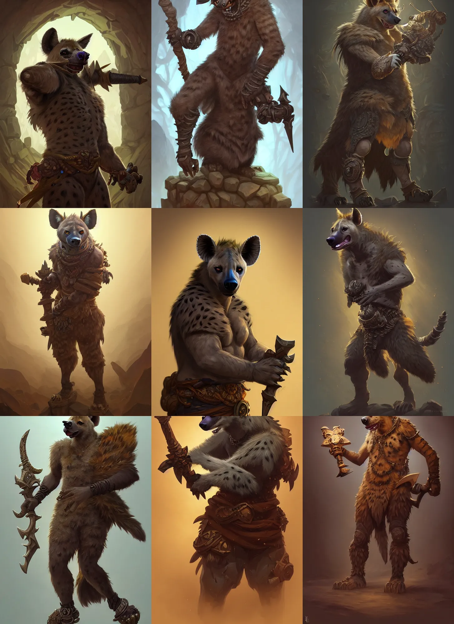 Prompt: full body photograph of a male anthropomorphic hyena fursona barbarian, deep focus, intricate, elegant, highly detailed, digital painting, artstation, concept art, matte, sharp focus, illustration, d & d, fantasy, hearthstone, art by artgerm and greg rutkowski and alphonse mucha